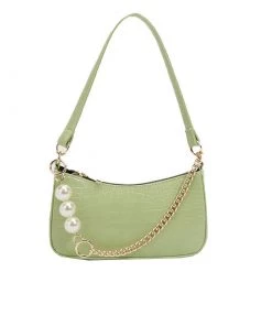 Trendy & Unique Chic Pearl Chunky Chain Croco Embossed Baguette Bag - Sage Green