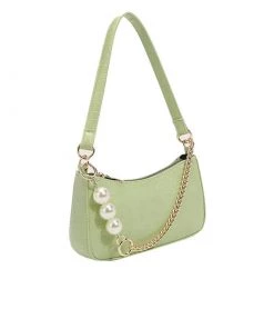 Trendy & Unique Chic Pearl Chunky Chain Croco Embossed Baguette Bag - Sage Green