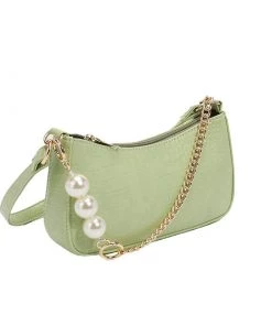 Trendy & Unique Chic Pearl Chunky Chain Croco Embossed Baguette Bag - Sage Green