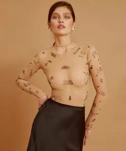 Trendy & Unique Chic Printed Crew Neck Long Sleeve Mesh Bodysuit - Apricot What's New