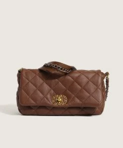 Trendy & Unique Chic Rhombus Flap Front Buckled Chain Strap Baguette Bag - Coffee