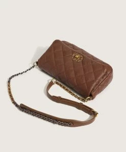 Trendy & Unique Chic Rhombus Flap Front Buckled Chain Strap Baguette Bag - Coffee