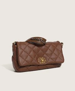 Trendy & Unique Chic Rhombus Flap Front Buckled Chain Strap Baguette Bag - Coffee