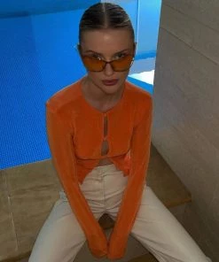 Trendy & Unique What's New Chic Round Neck Button Up Long Sleeve Crop Top - Burnt Orange