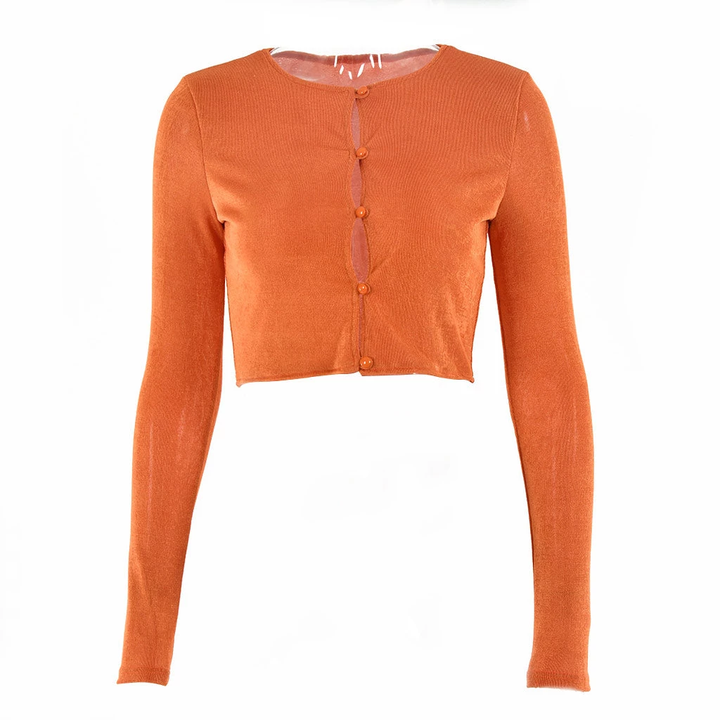 Trendy & Unique What's New Chic Round Neck Button Up Long Sleeve Crop Top - Burnt Orange 5 Trendy & Unique What's New Chic Round Neck Button Up Long Sleeve Crop Top - Burnt Orange