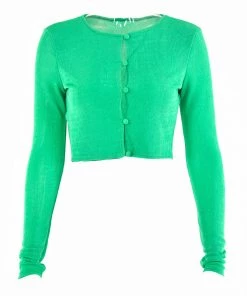 Trendy & Unique Chic Round Neck Button Up Long Sleeve Crop Top - Green What's New
