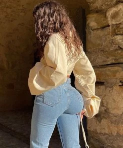 Trendy & Unique What's New Chic Ruched Balloon Sleeve Lapel Collar Crop Blouse - Apricot