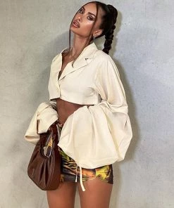 Trendy & Unique What's New Chic Ruched Balloon Sleeve Lapel Collar Crop Blouse - Apricot