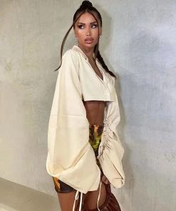 Trendy & Unique What's New Chic Ruched Balloon Sleeve Lapel Collar Crop Blouse - Apricot