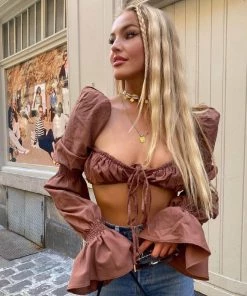 Trendy & Unique Chic Ruffle Puff Sleeve Tied Front Ruched Crop Top - Dark Coffee