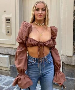 Trendy & Unique Chic Ruffle Puff Sleeve Tied Front Ruched Crop Top - Dark Coffee