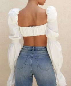 Trendy & Unique Chic Ruffle Puff Sleeve Tied Front Ruched Crop Top - Dark Coffee