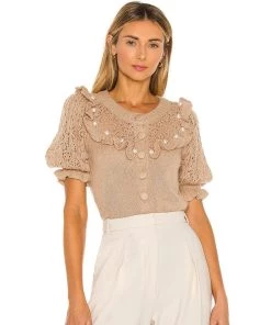 Trendy & Unique What's New Chic Ruffle Trim Puff Short Sleeves Round Neck Cardigan - Apricot