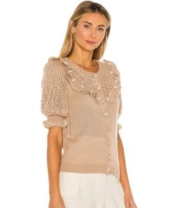 Trendy & Unique What's New Chic Ruffle Trim Puff Short Sleeves Round Neck Cardigan - Apricot