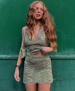 Trendy & Unique Chic Spacedye Knit Halter Neck High Waist Skirt Matching Set - Green What's New