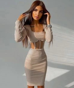 Trendy & Unique Chic Square Neck Long Sleeve Mesh Panel Rib Knit Midi Dress - Beige