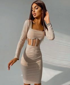 Trendy & Unique Chic Square Neck Long Sleeve Mesh Panel Rib Knit Midi Dress - Beige