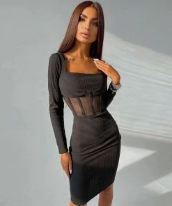 Trendy & Unique Chic Square Neck Long Sleeve Mesh Panel Rib Knit Midi Dress - Black