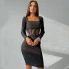 Trendy & Unique Chic Square Neck Long Sleeve Mesh Panel Rib Knit Midi Dress - Black 1 Trendy & Unique Chic Square Neck Long Sleeve Mesh Panel Rib Knit Midi Dress - Black
