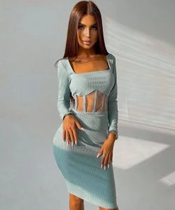Trendy & Unique What's New Chic Square Neck Long Sleeve Mesh Panel Rib Knit Midi Dress - Teal