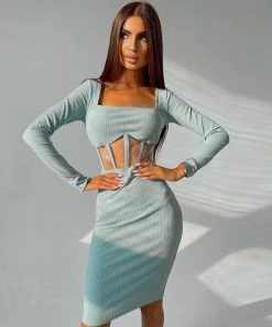 Trendy & Unique What's New Chic Square Neck Long Sleeve Mesh Panel Rib Knit Midi Dress - Teal