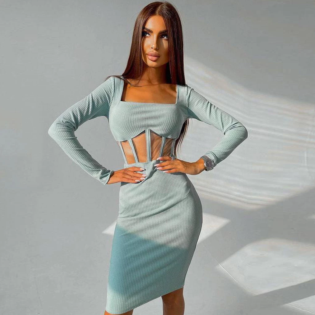 Trendy & Unique What's New Chic Square Neck Long Sleeve Mesh Panel Rib Knit Midi Dress - Teal 3 Trendy & Unique What's New Chic Square Neck Long Sleeve Mesh Panel Rib Knit Midi Dress - Teal