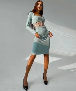 Trendy & Unique What's New Chic Square Neck Long Sleeve Mesh Panel Rib Knit Midi Dress - Teal 7 Trendy & Unique What's New Chic Square Neck Long Sleeve Mesh Panel Rib Knit Midi Dress - Teal