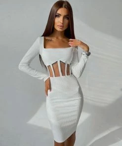 Trendy & Unique What's New Chic Square Neck Long Sleeve Mesh Panel Rib Knit Midi Dress - White