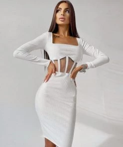 Trendy & Unique What's New Chic Square Neck Long Sleeve Mesh Panel Rib Knit Midi Dress - White