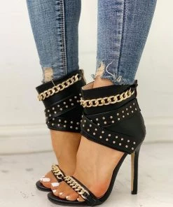 Trendy & Unique What's New Chic Studs Trim Chain Strap High Heeled Cut Out Sandals - Black