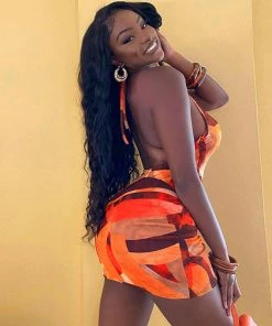 Trendy & Unique Chic Tie Dye Halter Neck Cowl Neck Backless Mini Dress - Orange What's New