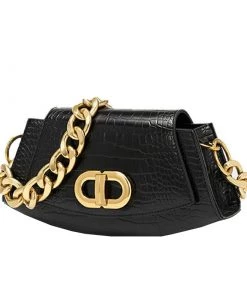 Trendy & Unique Classic Gold Tone Chunky Chain Croco Embossed Shoulder Bag - Black