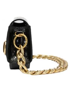 Trendy & Unique Classic Gold Tone Chunky Chain Croco Embossed Shoulder Bag - Black