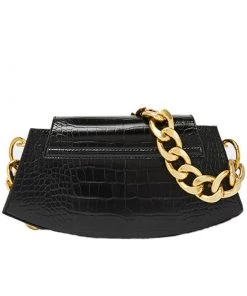 Trendy & Unique Classic Gold Tone Chunky Chain Croco Embossed Shoulder Bag - Black