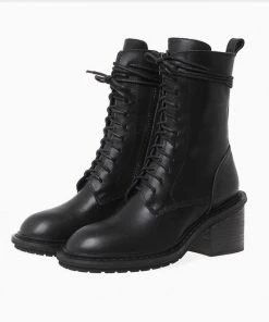 Trendy & Unique What's New Classic Narrow Calf Lace Up Chunky Heel Combat Boots - Black