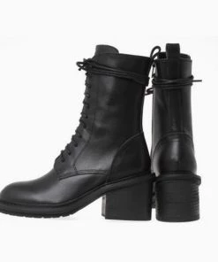 Trendy & Unique What's New Classic Narrow Calf Lace Up Chunky Heel Combat Boots - Black