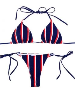 Trendy & Unique Classic Striped Tie String Sliding Triangle Bikini Set - Dark Blue What's New