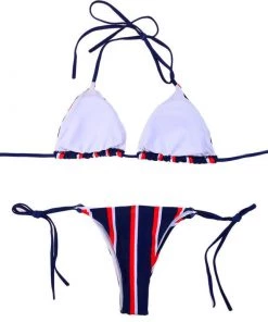 Trendy & Unique Classic Striped Tie String Sliding Triangle Bikini Set - Dark Blue What's New