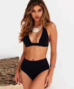 Trendy & Unique What's New Classic Style Solid Color High Waist Sliding Triangle Bikini Set - Black