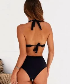 Trendy & Unique What's New Classic Style Solid Color High Waist Sliding Triangle Bikini Set - Black