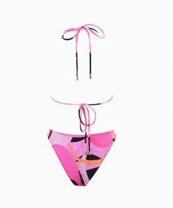 Trendy & Unique What's New Flirty Color Block High Leg Metal Ring Halter Neck Bralette Bikini Set - Pink