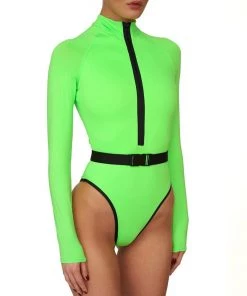Trendy & Unique Contrast Long Sleeve Rash Guard One Piece Swimsuit - Neon Green What's New