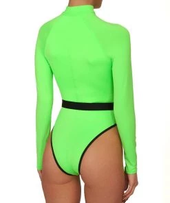 Trendy & Unique Contrast Long Sleeve Rash Guard One Piece Swimsuit - Neon Green What's New