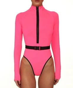 Trendy & Unique Contrast Long Sleeve Rash Guard One Piece Swimsuit - Neon Pink
