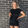 Trendy & Unique Street Style Drawstring Side Rib Knit Mini Dress - Black