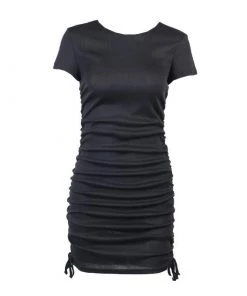 Trendy & Unique Street Style Drawstring Side Rib Knit Mini Dress - Black