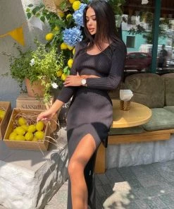 Trendy & Unique Cozy Rib Knit Long Sleeve Crop High Slit Skirt Matching Set - Black