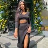 Trendy & Unique Cozy Rib Knit Long Sleeve Crop High Slit Skirt Matching Set - Black 2 Trendy & Unique Cozy Rib Knit Long Sleeve Crop High Slit Skirt Matching Set - Black