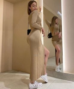 Trendy & Unique Cozy Rib Knit Long Sleeve Crop High Slit Skirt Matching Set - Black