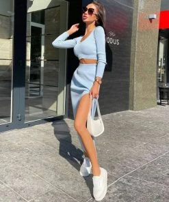 Trendy & Unique What's New Cozy Rib Knit Long Sleeve Crop High Slit Skirt Matching Set - Blue